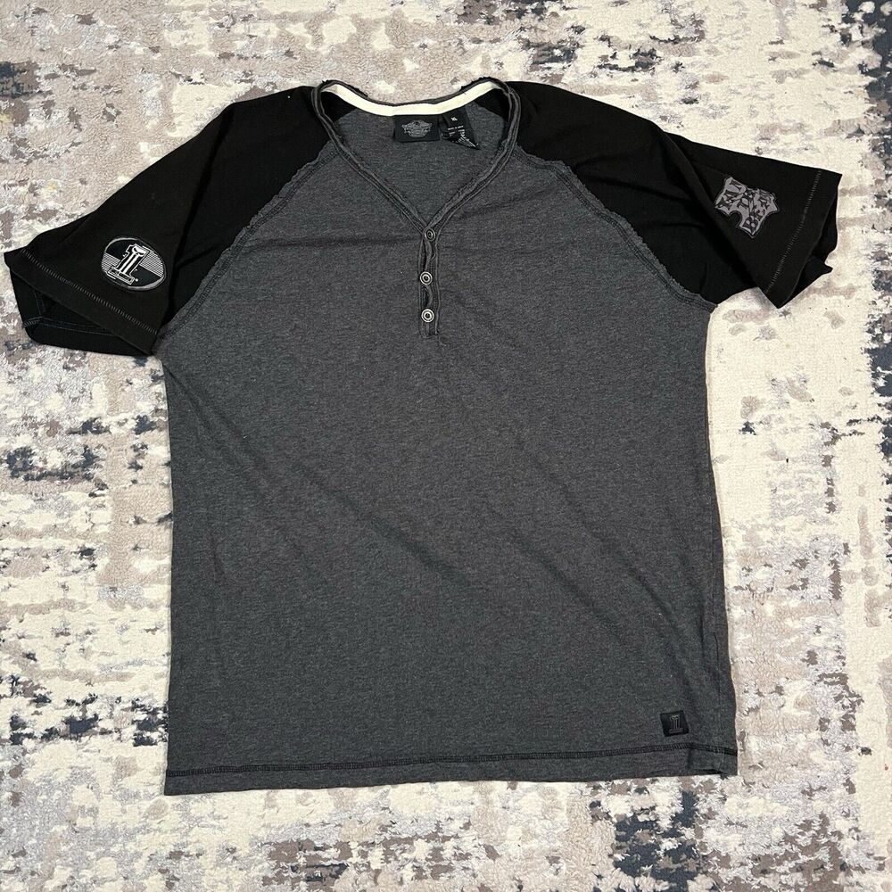 Retro Harley Davidson Embroidered 1 Skull Henley Tame The Beast Black Gray Sz XL